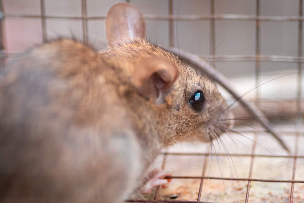 Domestic rat trapped in a cage, back into a corner and looking for a way to escape.